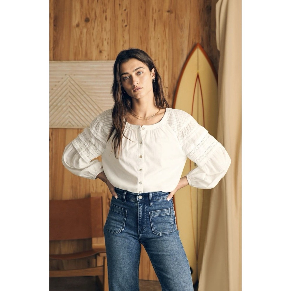 Faherty Enna Top White Organic Cotton Lace Pintuck Boho Blouse Womens XS